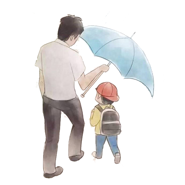 父亲为上学的儿子打着雨伞免抠图
