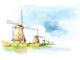 六张卡通水彩城堡风车PPT背景图片