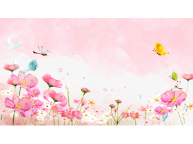 粉色唯美水彩蝴蝶蜻蜓花卉PPT背景图片