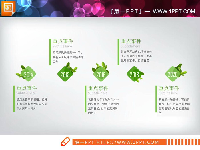 绿色动态叶子形状PPT说明图表