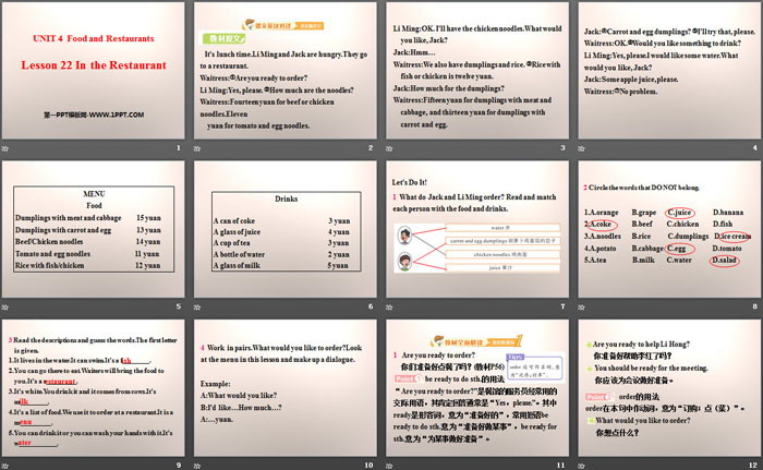 《In the restaurant》Food and Restaurants PPT教学课件下载