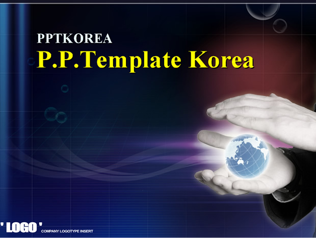 网格气泡地球仪韩国蓝色经典商务PPT动态模板