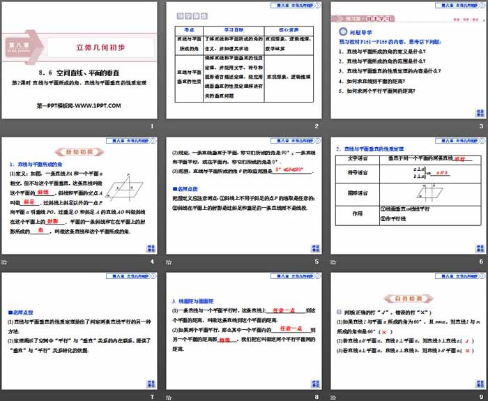 《空间直线、平面的垂直》立体几何初步PPT(直线与平面所成的角、直线与平面垂直的性质定理)