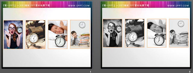 两组彩色与黑白搭配的时间钟表PPT素材下载