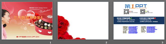 女人玫瑰巧克力爱心背景的三八妇女节PPT模板