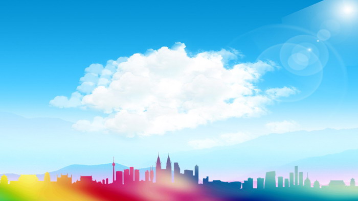 蓝天白云彩色城市剪影PPT背景图片